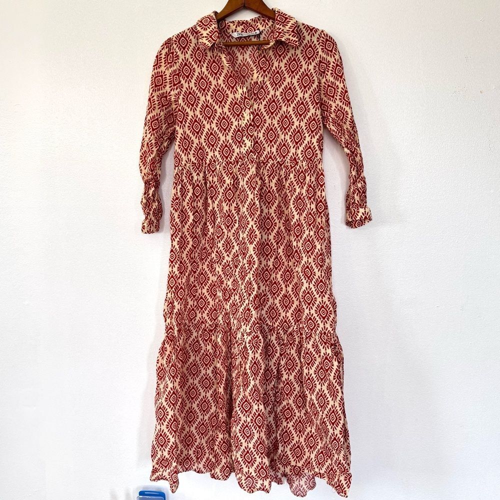 NWOT Zara Printed Midi Long Sleeve Ruffled Sundress Sz S - Picture 4 of 11